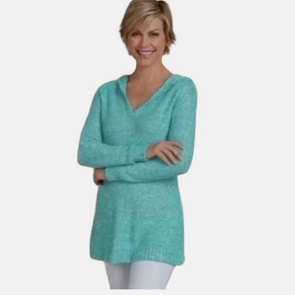 SOFT SURROUNDINGS Aqua Sequin Metallic Hooded Sweater Size XL VGUC